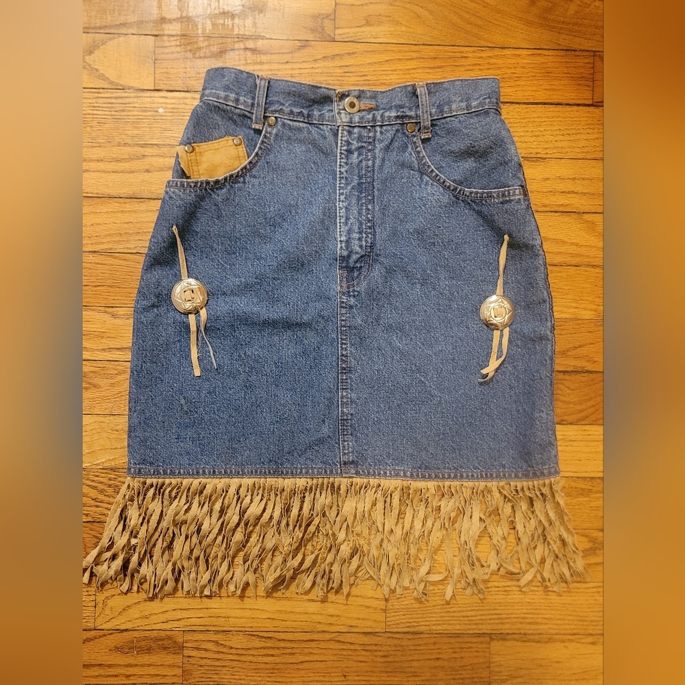 Fringe Denim Skirt with Tan Details